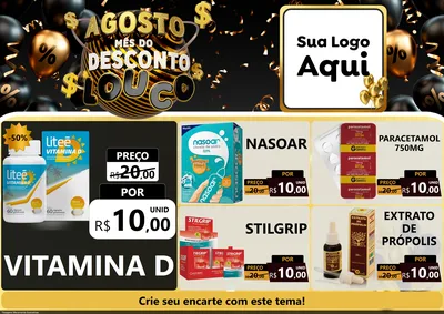 Modelo de Encarte para Encarte A4 Horizontal com o tema Agosto Mês do Desconto Louco para Farmácia
