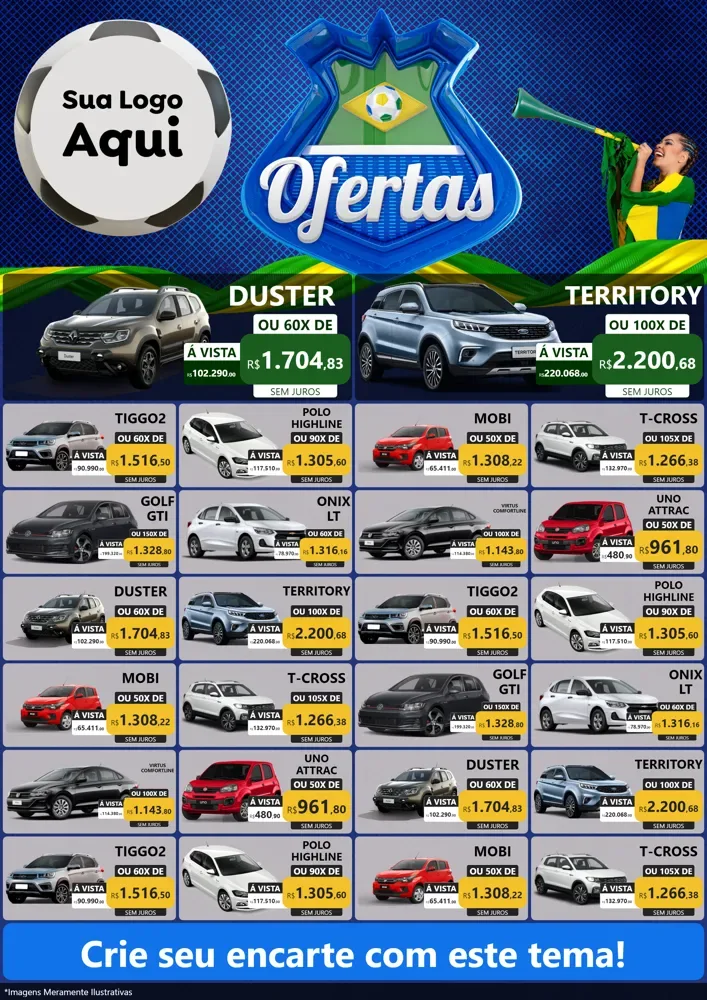 Modelo de Encarte para Encarte A4 Vertical com o tema Ofertas (Futebol) para Concessionaria de Carros