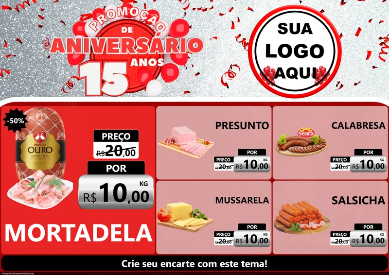 Modelo de Encarte para Encarte A4 Horizontal com o tema Promoção de Aniversário - 15 Anos para Frios e Laticínios