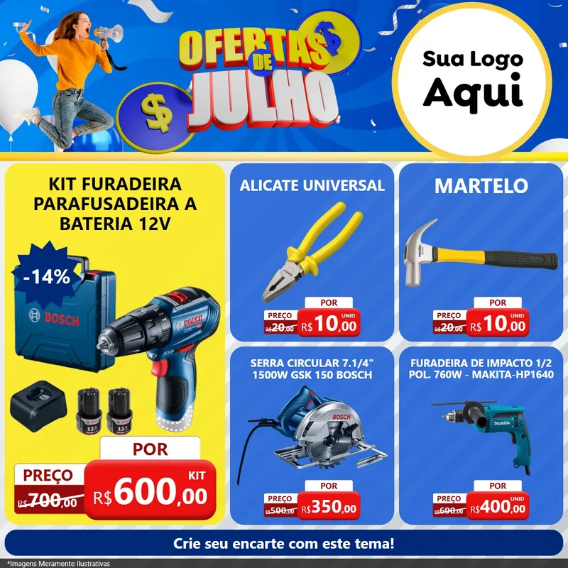 Modelo de Rede Social para Feed Facebook com o tema Ofertas de Julho para Maquinas e Ferramentas