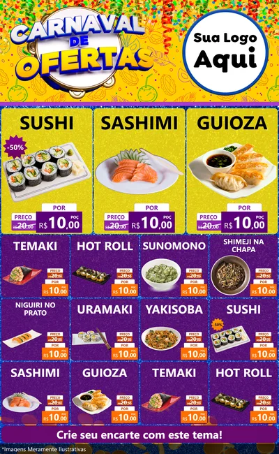 Modelo de Encarte para Encarte Grande com o tema Carnaval de Ofertas para Comida japonesa