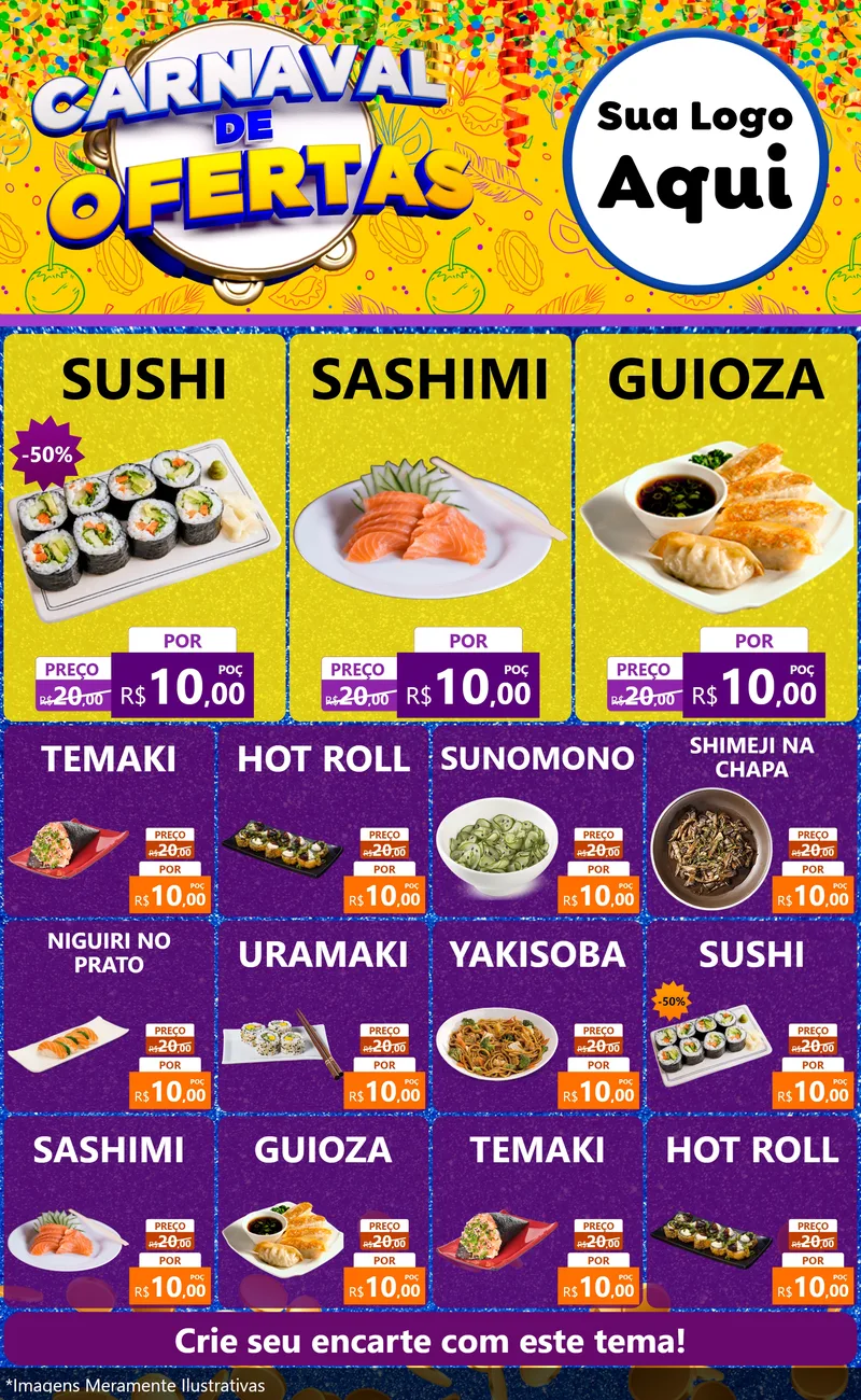 Modelo de Encarte para Encarte Grande com o tema Carnaval de Ofertas para Comida japonesa