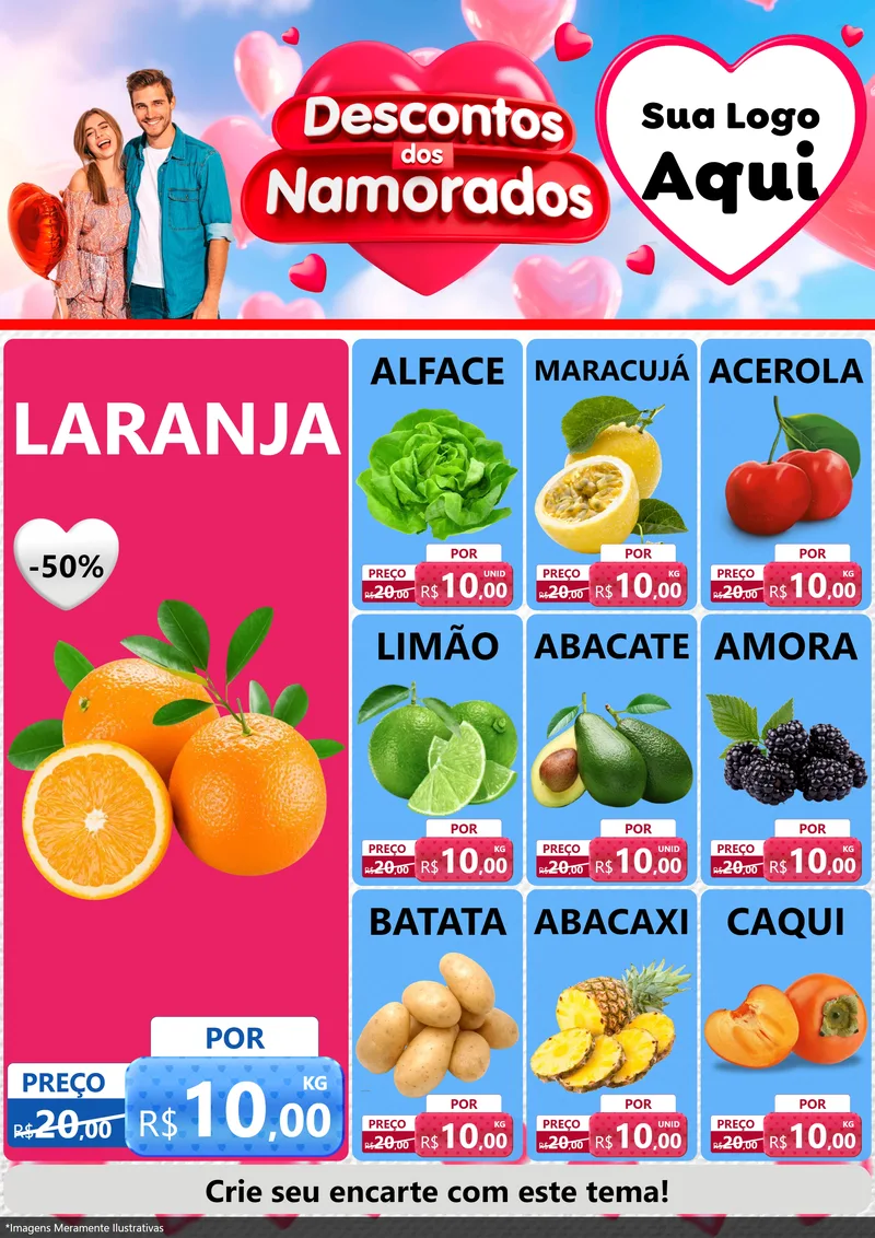 Modelo de Encarte para Encarte A4 Vertical com o tema Descontos dos Namorados para Hortifrúti