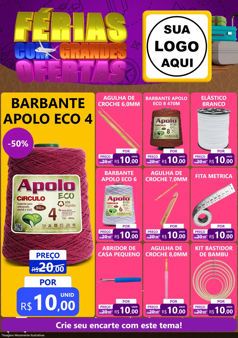 Modelo de Encarte para Encarte A4 Vertical com o tema Férias com Grandes Ofertas para Armarinho e Aviamentos