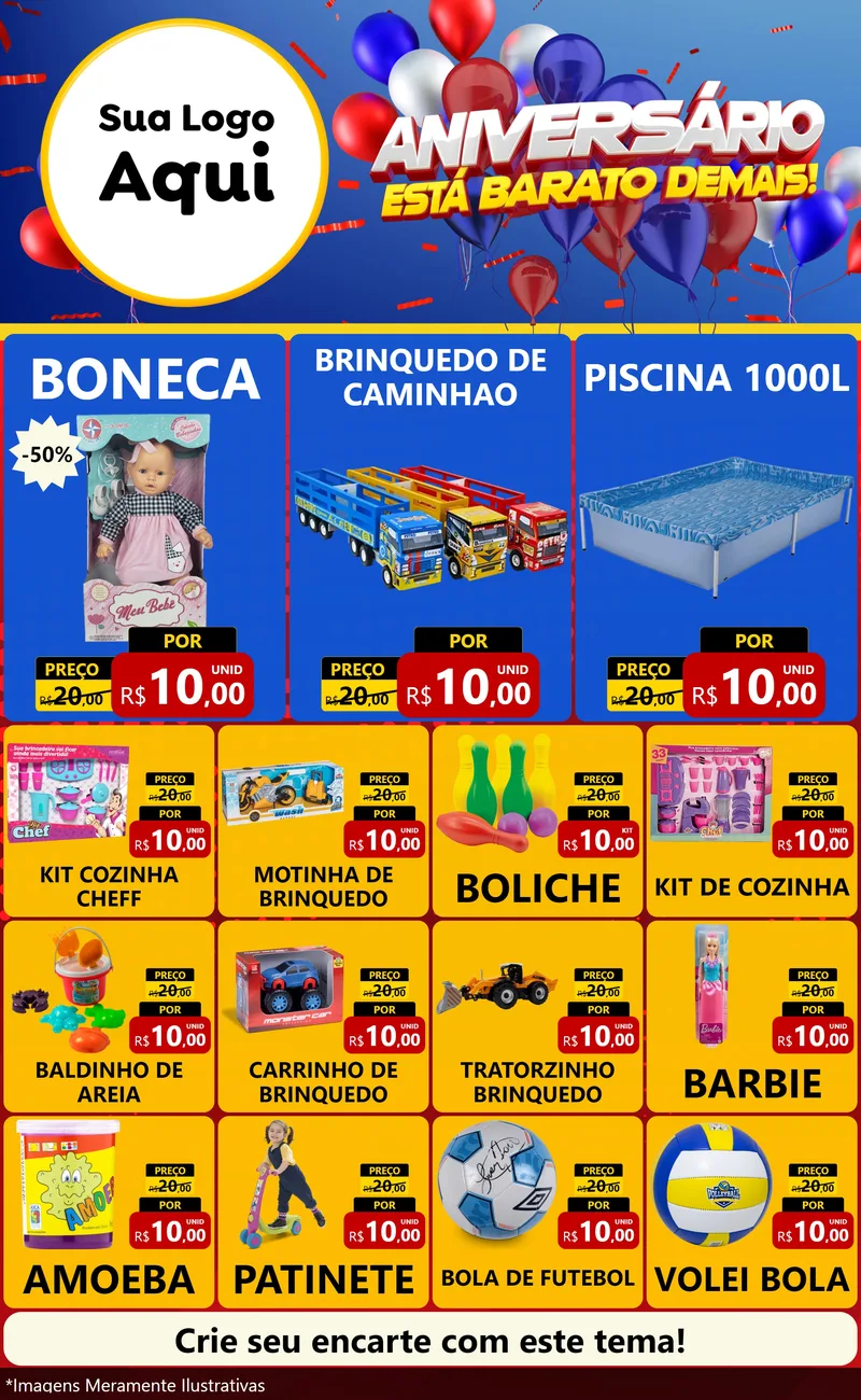 Modelo de Encarte para Encarte Grande com o tema Aniversário para Brinquedos