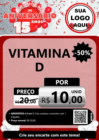 Modelo de Cartaz para Cartaz A4 Vertical com o tema Promoção de Aniversário - 15 Anos para Farmácia