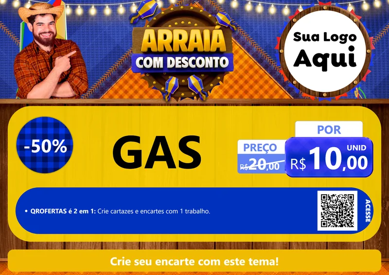 Modelo de Cartaz para Cartaz A4 Horizontal com o tema Arraiá Com Desconto para Água e gás