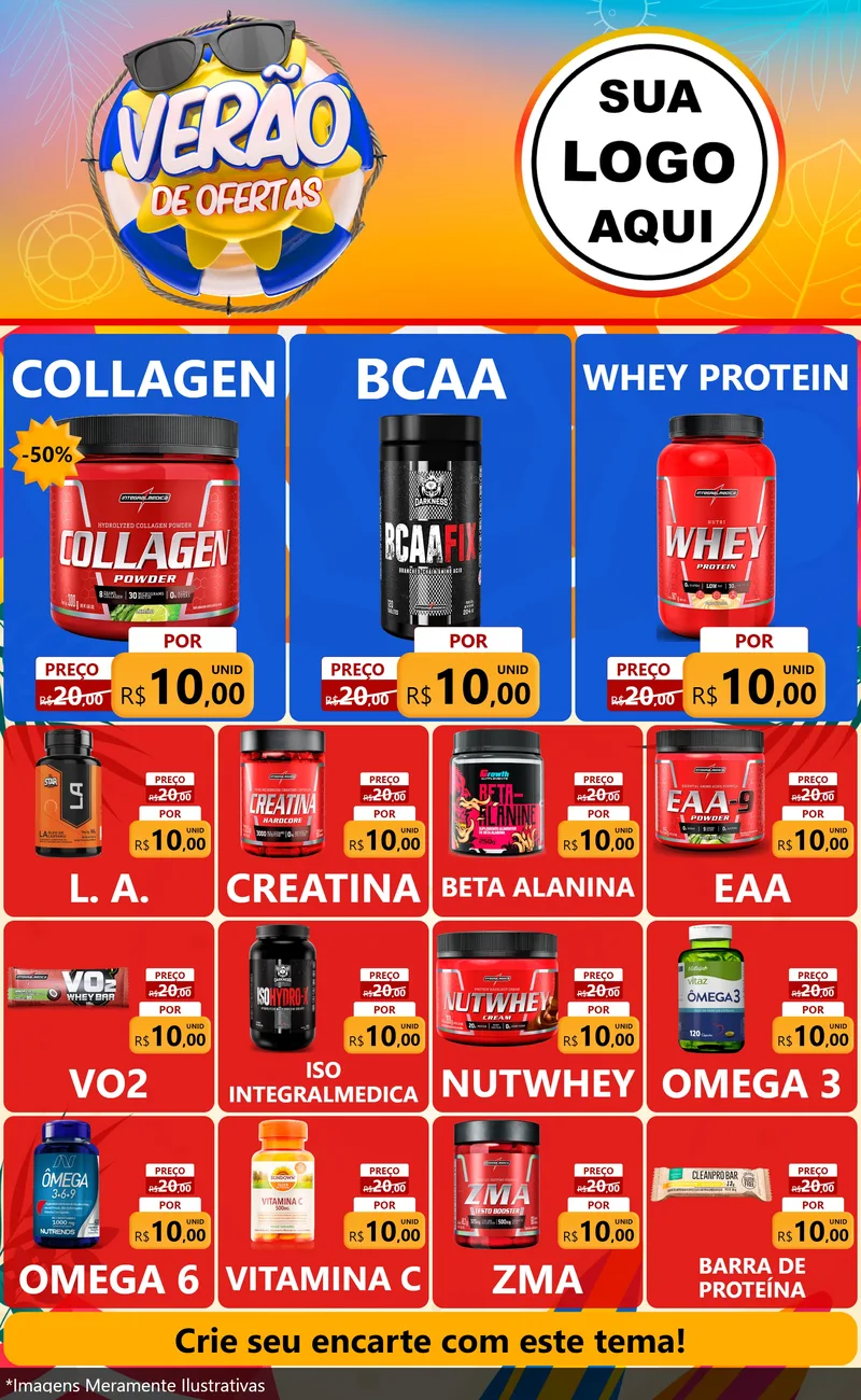 Modelo de Encarte para Encarte Grande com o tema Verão de Ofertas para Suplementos alimentares