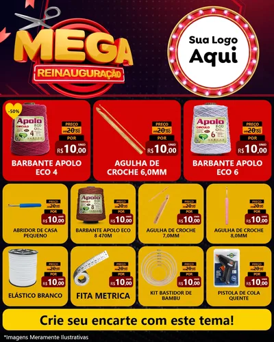 Modelo de Rede Social para Feed Instagram com o tema Mega Reinauguração para Armarinho e Aviamentos