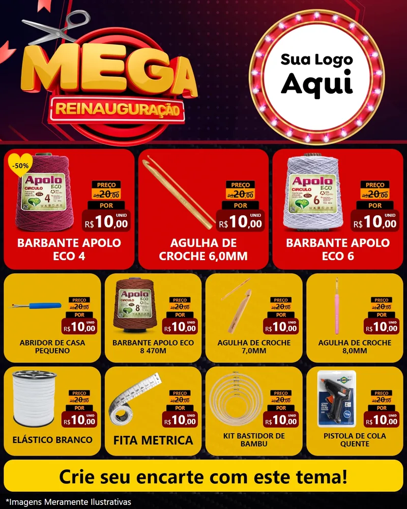 Modelo de Rede Social para Feed Instagram com o tema Mega Reinauguração para Armarinho e Aviamentos