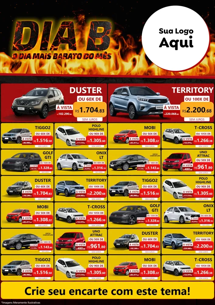 Modelo de Encarte para Encarte A4 Vertical com o tema Dia B para Concessionaria de Carros
