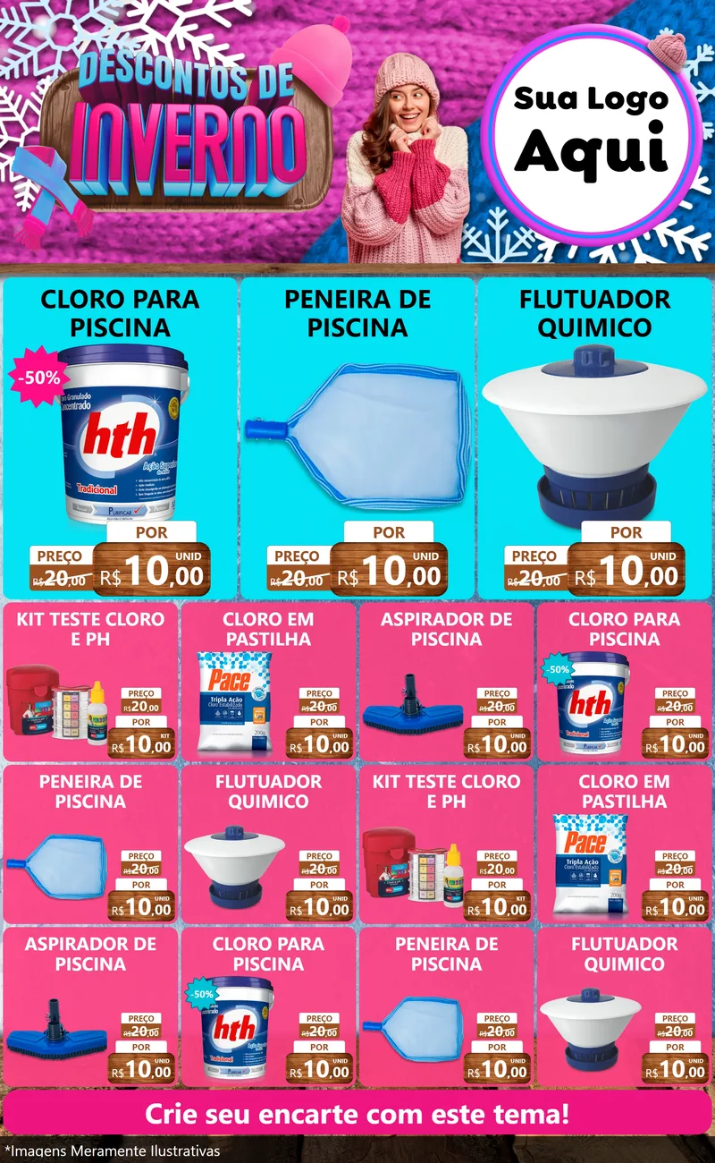 Modelo de Encarte para Encarte Grande com o tema Descontos de Inverno para Produtos para Piscina