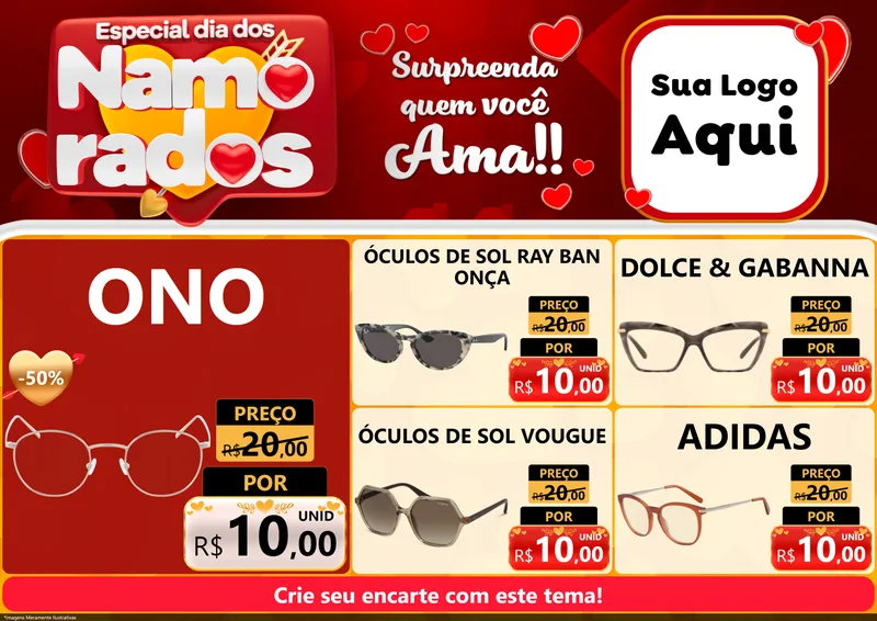 Modelo de Encarte para Encarte A4 Horizontal com o tema Especial Dia dos Namorados para Óticas