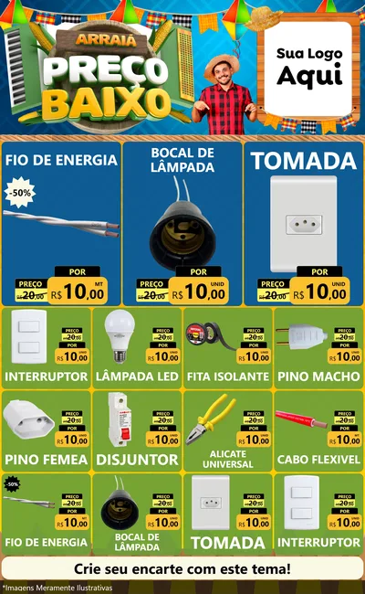 Modelo de Encarte para Encarte Grande com o tema Arraiá de Preço Baixo - Junina para Materiais Elétricos
