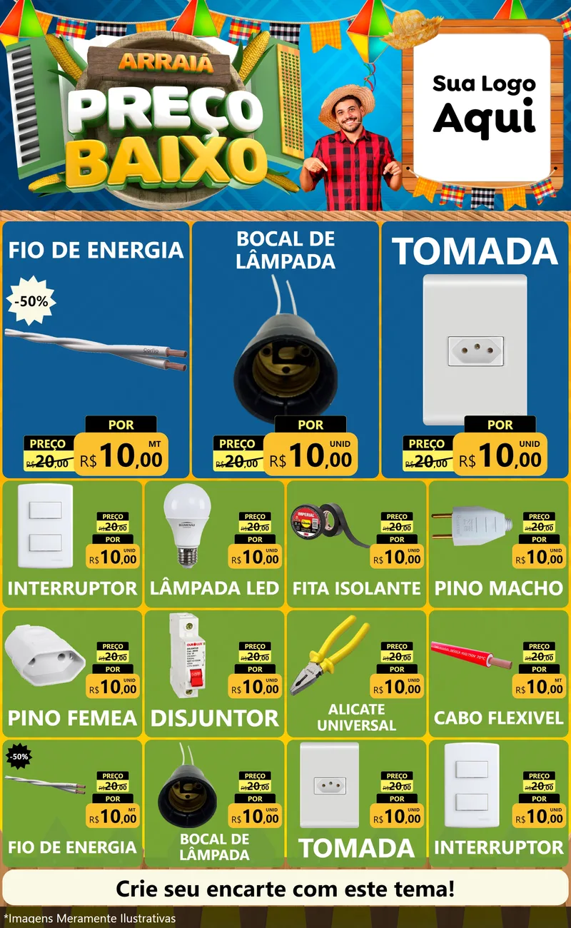 Modelo de Encarte para Encarte Grande com o tema Arraiá de Preço Baixo - Junina para Materiais Elétricos