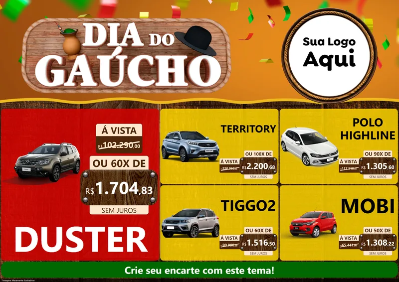 Modelo de Encarte para Encarte A4 Horizontal com o tema Dia do Gaúcho para Concessionaria de Carros