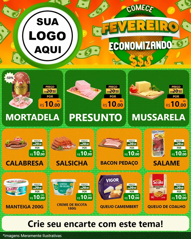 Modelo de Rede Social para Feed Instagram com o tema Comece Fevereiro Economizando para Frios e Laticínios