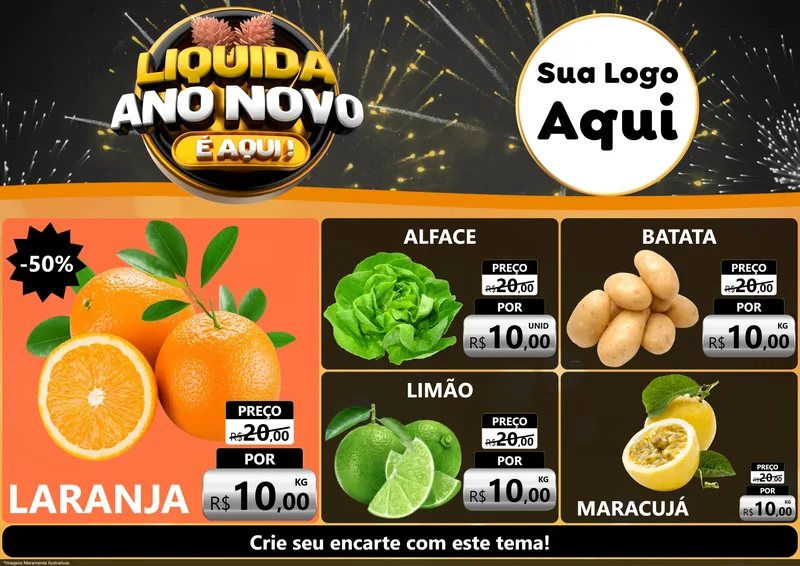 Modelo de Encarte para Encarte A4 Horizontal com o tema Liquida Ano Novo É Aqui! para Hortifrúti