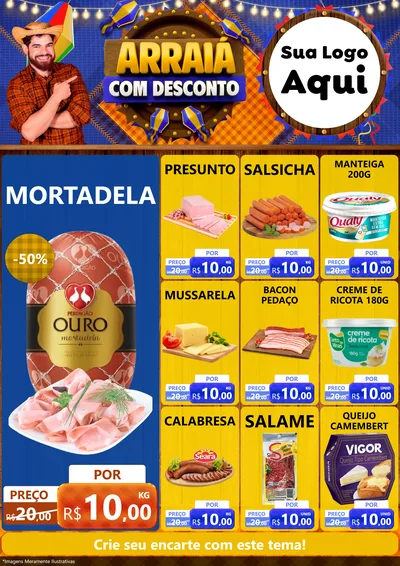 Modelo de Encarte para Encarte A4 Vertical com o tema Arraiá Com Desconto para Frios e Laticínios
