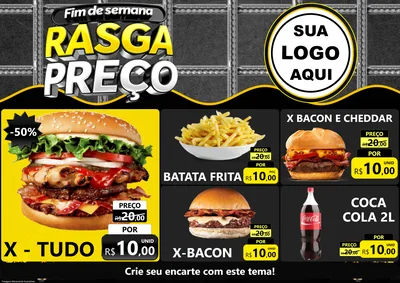 Modelo de Encarte para Encarte A4 Horizontal com o tema Fim de Semana Rasga Preço para Hamburgueria