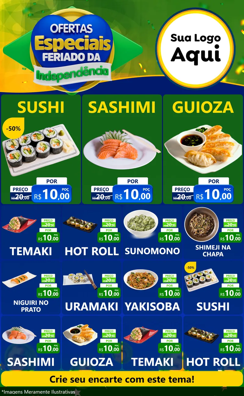 Modelo de Encarte para Encarte Grande com o tema Ofertas Especiais Feriado da Independência para Comida japonesa