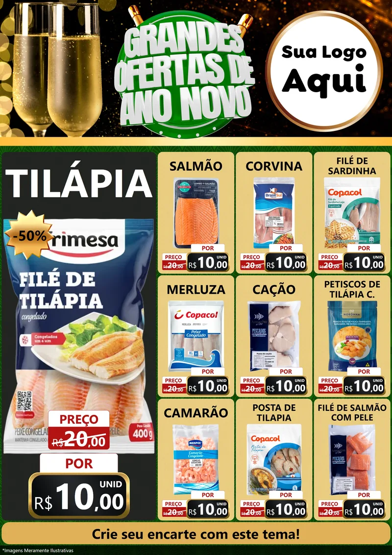 Modelo de Encarte para Encarte A4 Vertical com o tema Grandes Ofertas de Ano Novo para Peixaria