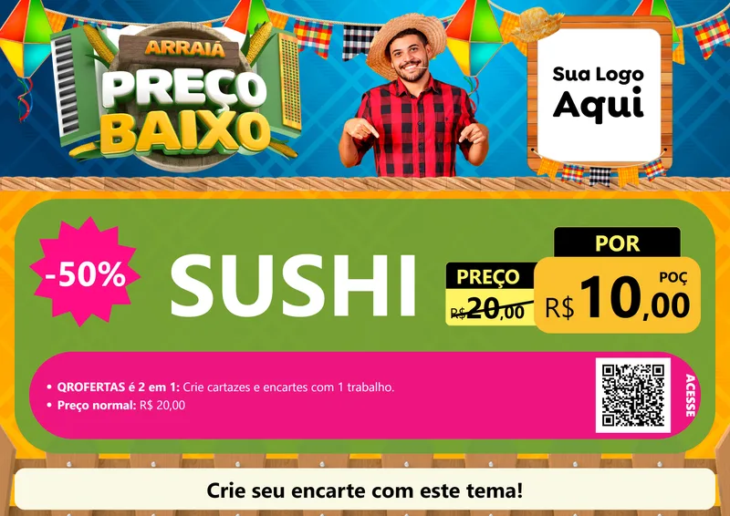 Modelo de Cartaz para Cartaz A4 Horizontal com o tema Arraiá de Preço Baixo - Junina para Comida japonesa