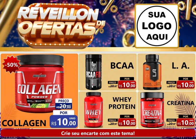 Modelo de Encarte para Encarte A4 Horizontal com o tema Réveillon de Ofertas para Suplementos alimentares