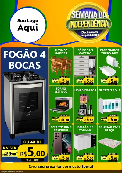 Modelo de Encarte para Encarte A4 Vertical com o tema Semana da Independência Declaramos Preços Baixos para Móveis e Eletro