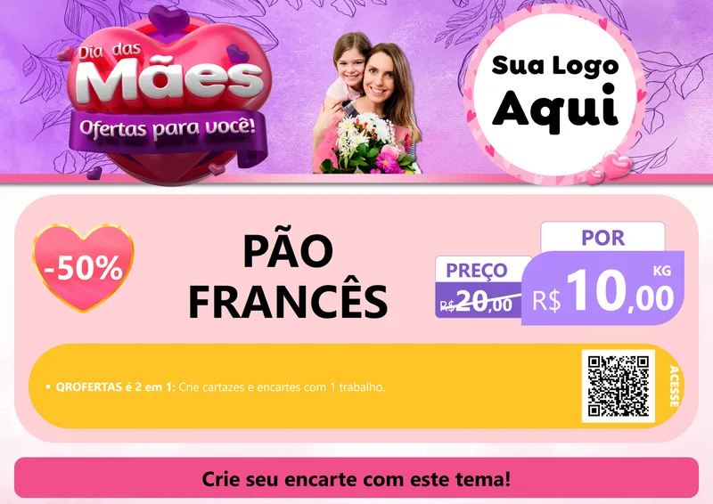 Modelo de Cartaz para Cartaz A4 Horizontal com o tema Dia das Mães Ofertas para Você! para Padaria