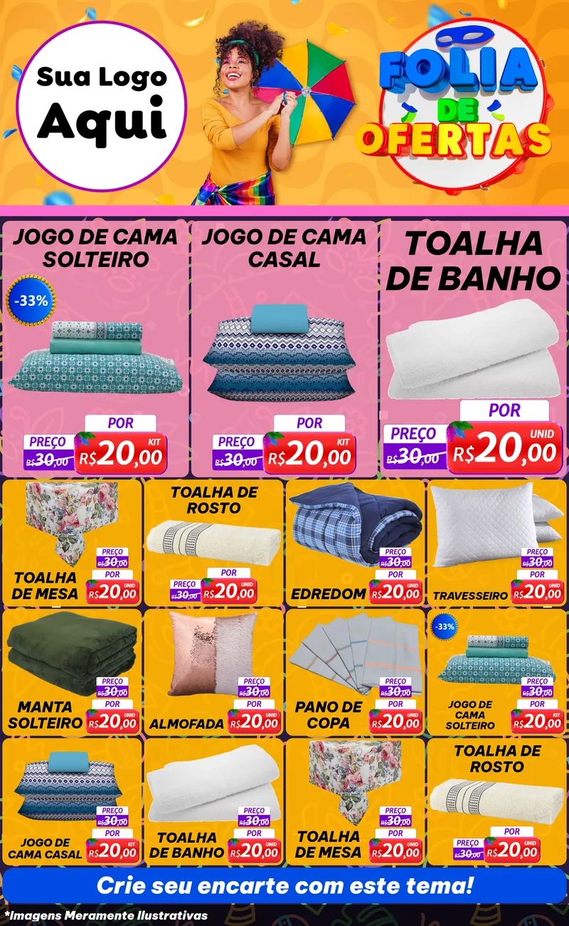 Modelo de Encarte para Encarte Grande com o tema Folia de Ofertas para Cama, Mesa e Banho