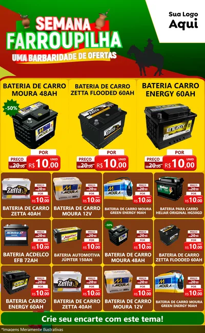 Modelo de Encarte para Encarte Grande com o tema Semana Farroupilha - Uma Barbaridade de Ofertas para Baterias Elétricas