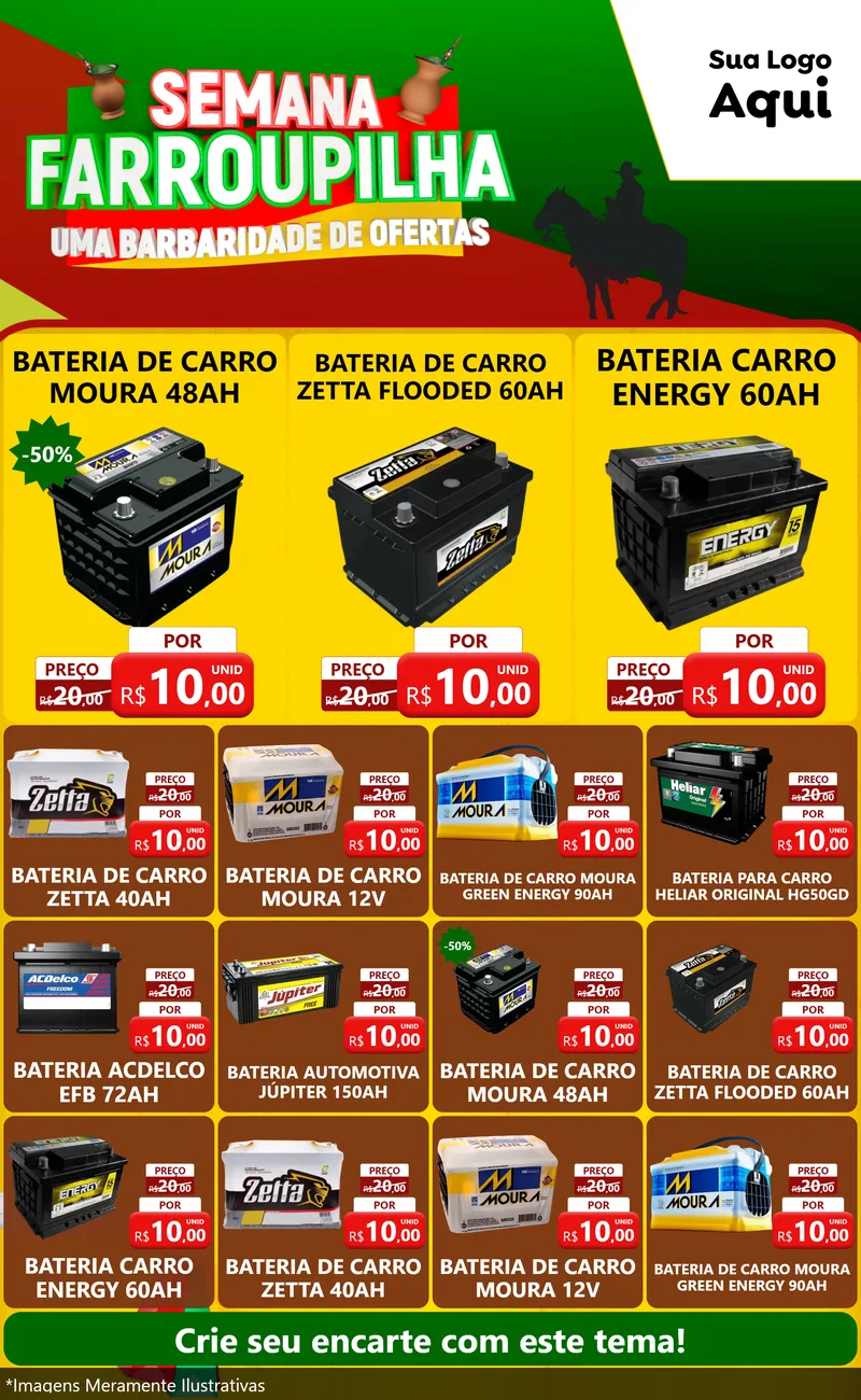 Modelo de Encarte para Encarte Grande com o tema Semana Farroupilha - Uma Barbaridade de Ofertas para Baterias Elétricas