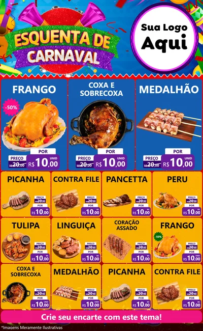 Modelo de Encarte para Encarte Grande com o tema Esquenta de Carnaval para Assados