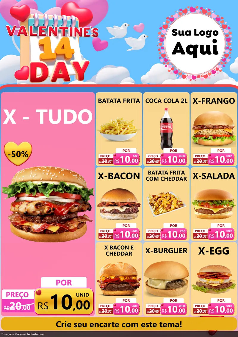 Modelo de Encarte para Encarte A4 Vertical com o tema Valentine's Day para Hamburgueria