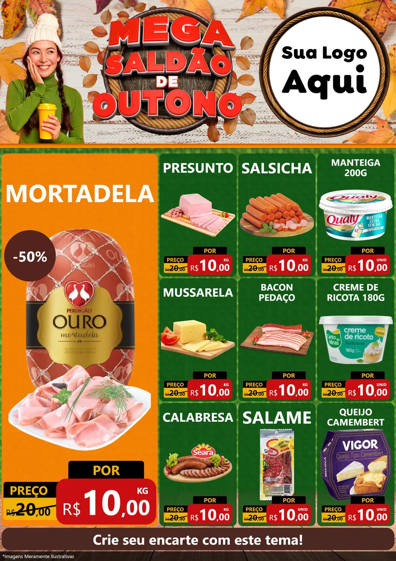 Modelo de Encarte para Encarte A4 Vertical com o tema Mega Saldão de Outono para Frios e Laticínios