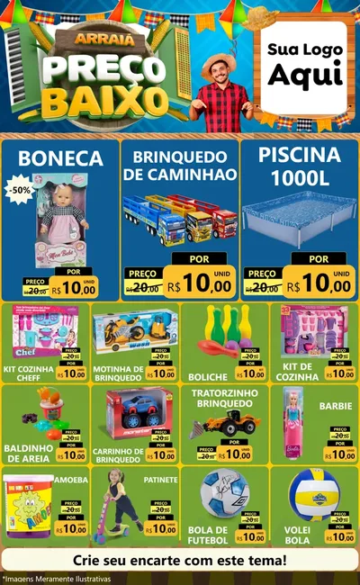 Modelo de Encarte para Encarte Grande com o tema Arraiá de Preço Baixo - Junina para Brinquedos