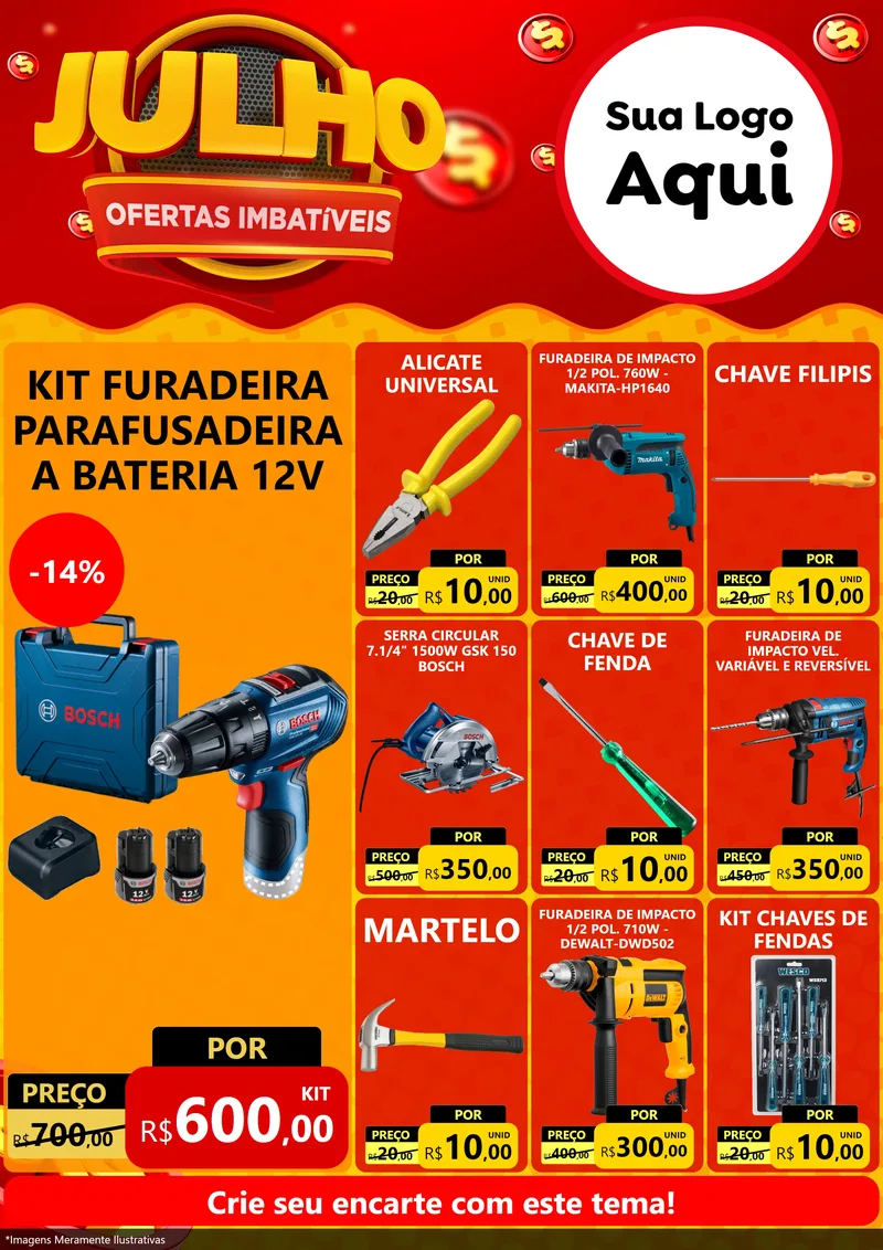 Modelo de Encarte para Encarte A4 Vertical com o tema Julho Ofertas Imbatíveis para Maquinas e Ferramentas