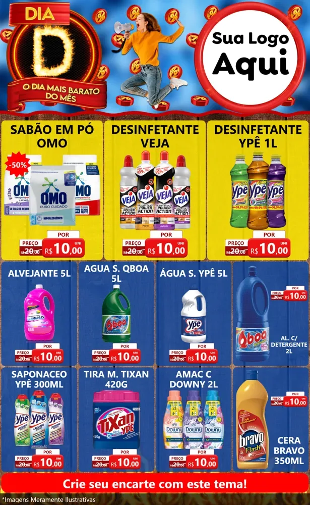 Modelo de Encarte para Encarte Grande com o tema Dia D - O Dia Mais Barato Do Mês para Produtos de Limpeza