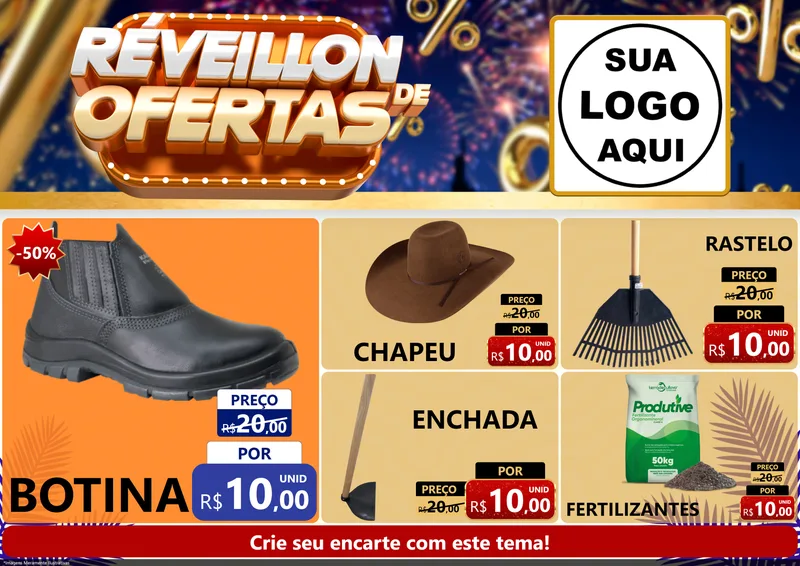 Modelo de Encarte para Encarte A4 Horizontal com o tema Réveillon de Ofertas para Agropecuária