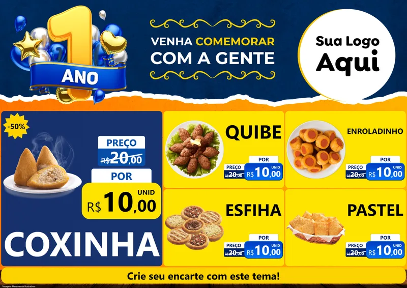 Modelo de Encarte para Encarte A4 Horizontal com o tema Um Ano de Aniversário para Salgadaria