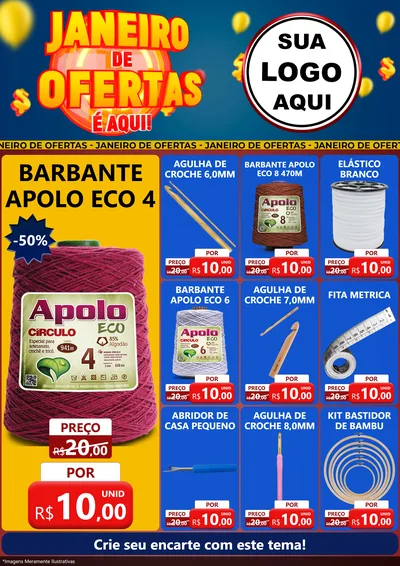 Modelo de Encarte para Encarte A4 Vertical com o tema Janeiro de Ofertas É Aqui! para Armarinho e Aviamentos