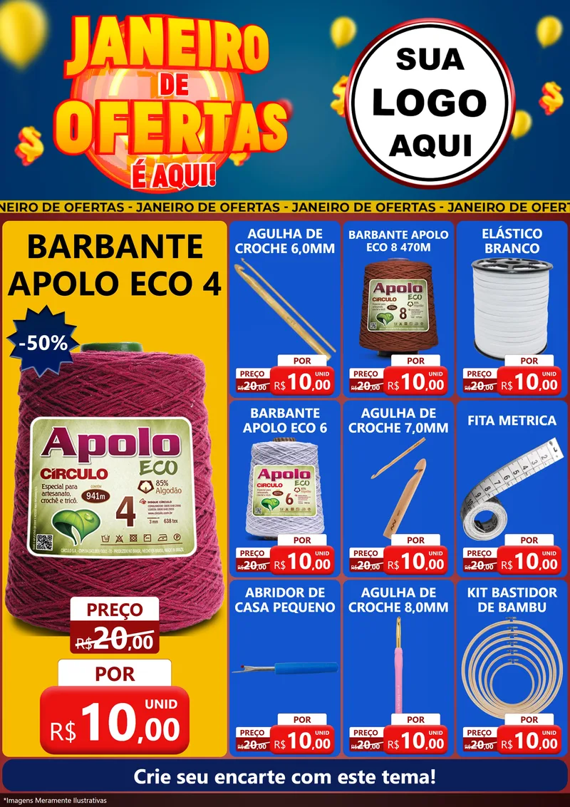 Modelo de Encarte para Encarte A4 Vertical com o tema Janeiro de Ofertas É Aqui! para Armarinho e Aviamentos
