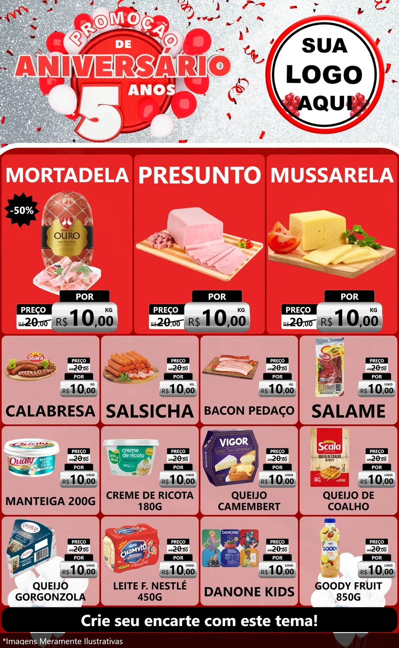 Modelo de Encarte para Encarte Grande com o tema Promoção de Aniversário - 5 Anos para Frios e Laticínios