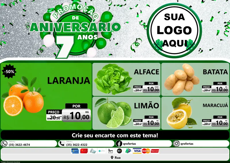 Modelo de Encarte para Encarte A4 Horizontal com o tema Promoção de Aniversário - 7 Anos para Hortifrúti