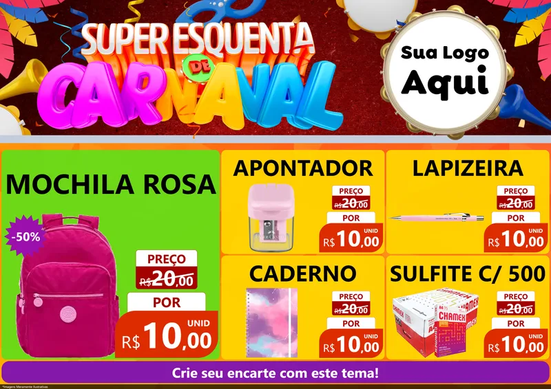 Modelo de Encarte para Encarte A4 Horizontal com o tema Super Esquenta de Carnaval para Papelaria