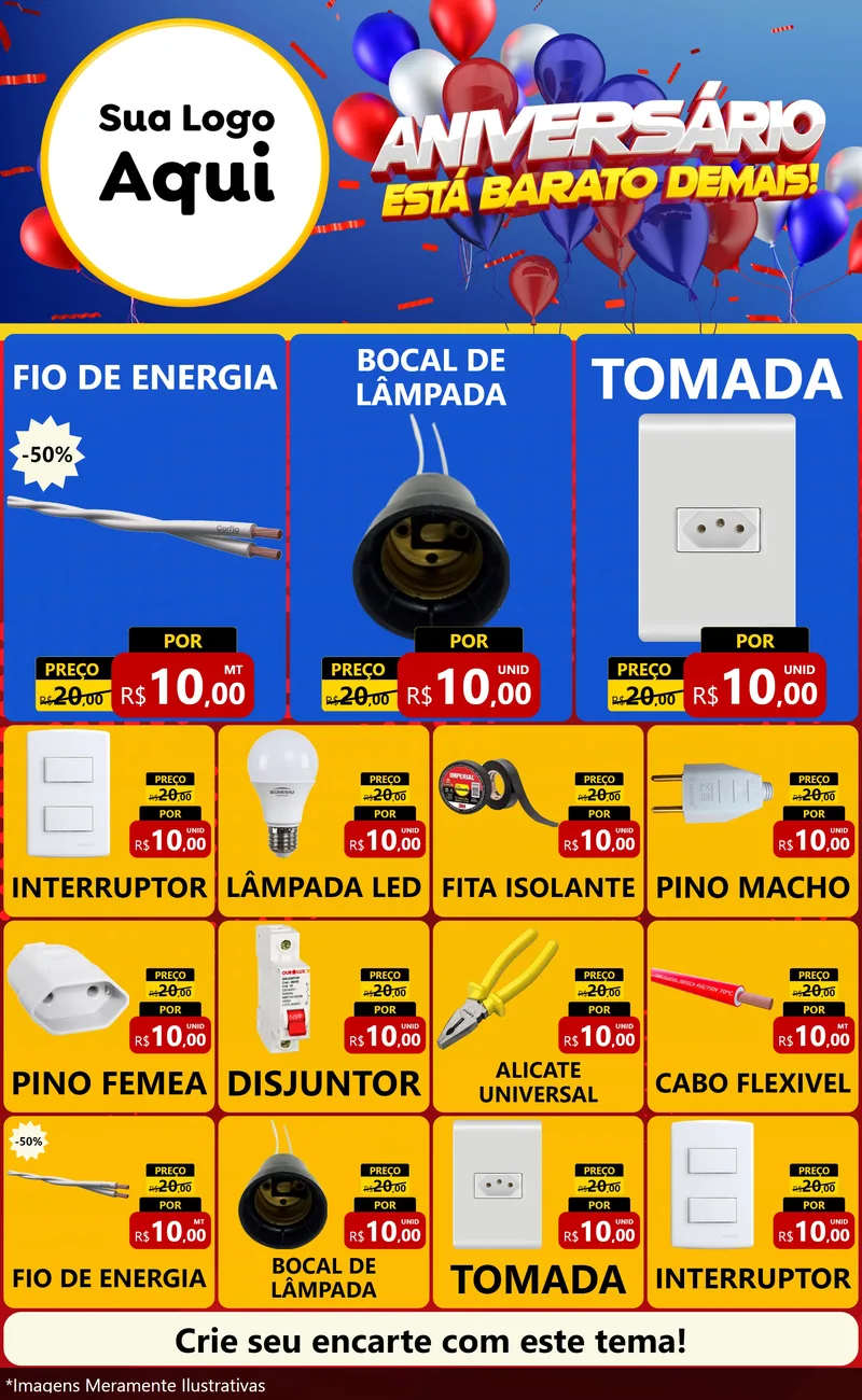 Modelo de Encarte para Encarte Grande com o tema Aniversário para Materiais Elétricos