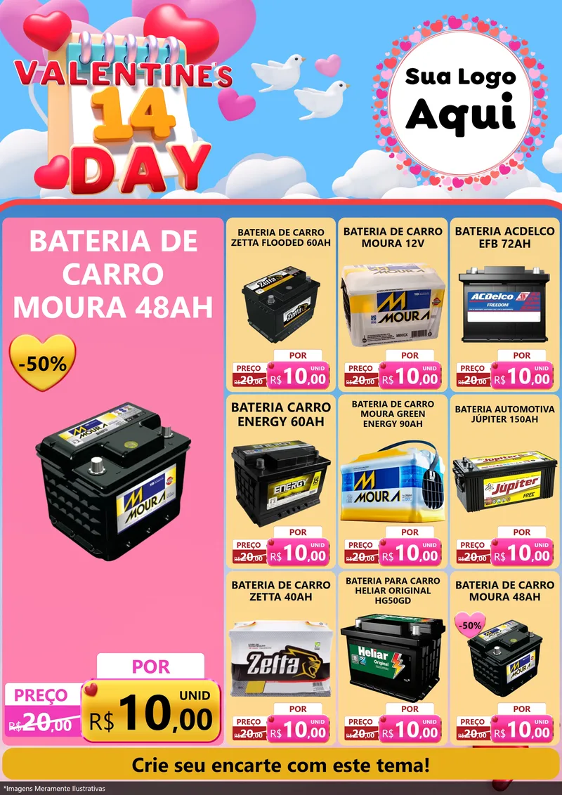 Modelo de Encarte para Encarte A4 Vertical com o tema Valentine's Day para Baterias Elétricas