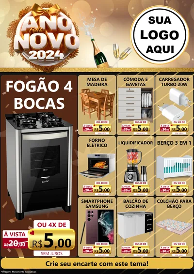 Modelo de Encarte para Encarte A4 Vertical com o tema Feliz Ano Novo 2027 para Móveis e Eletro