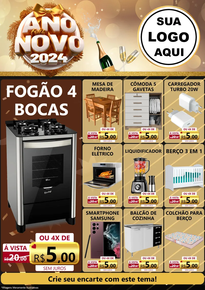 Modelo de Encarte para Encarte A4 Vertical com o tema Feliz Ano Novo 2027 para Móveis e Eletro